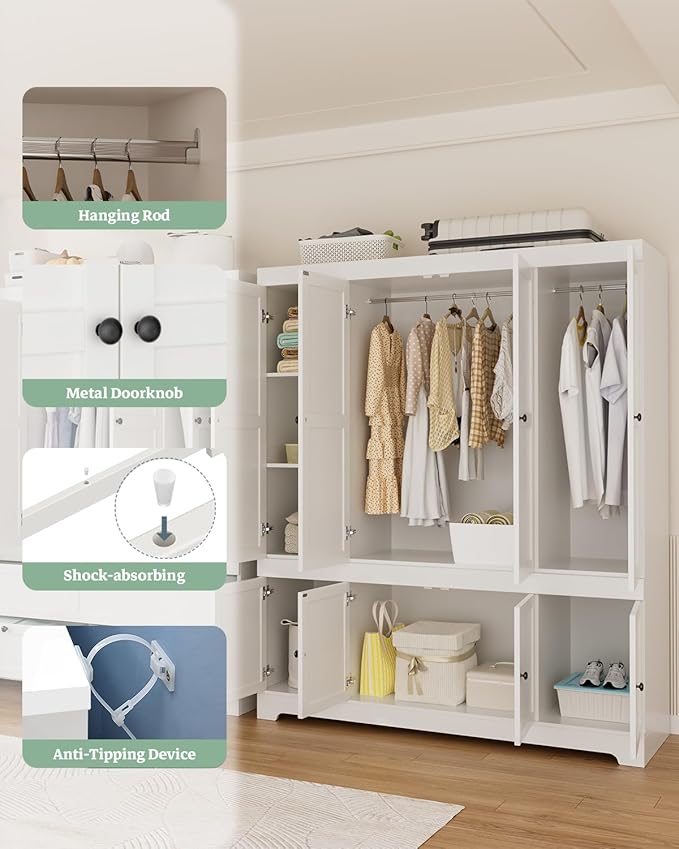 8 Door Modular Wardrobe Closet - 71" Tall Large Armoire with Hanging Rod, Freestanding Large Capacity Clothing Wardrobe Cabinet w/Handles for Bedroom White