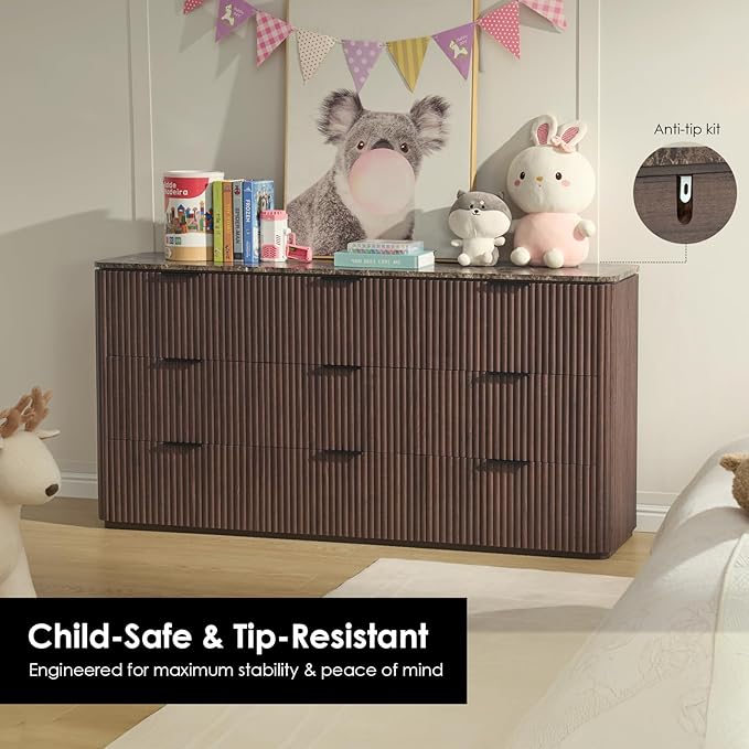 Fluted 9 Drawer Dresser for Bedroom, 63" Wide Modern Chest of Drawers with Faux Marble Top, Curved Corners Design, Wooden Dresser TV Stand with Organizer Storage for Living Room (Dark Oak, 63" W)