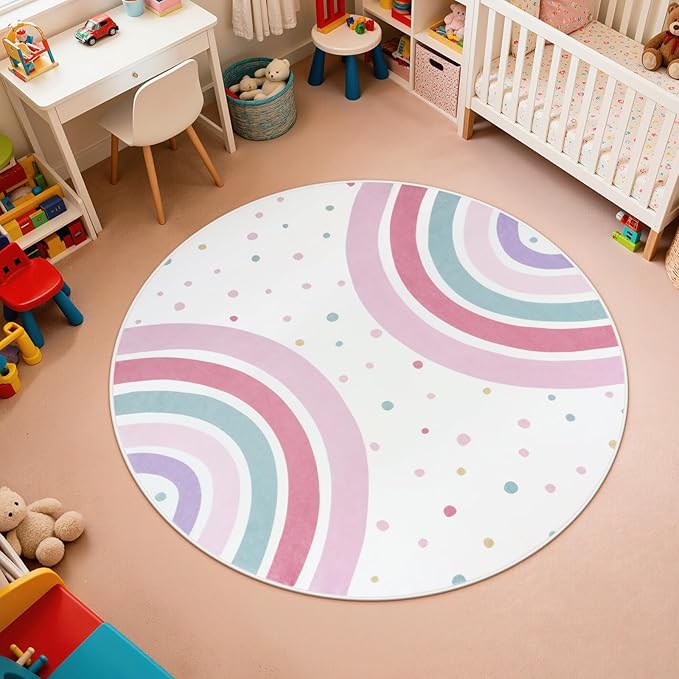 STARUIA Pink Round Rug for Nursery, 4 Ft Rainbow Washable Rug for Kids Room, Non-Slip Circle Rug Colorful Bedroom Carpet for Girls Princess Castle Playroom Classroom