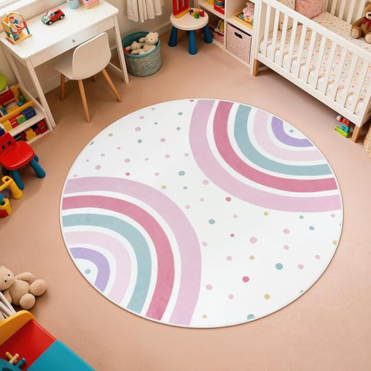 STARUIA Pink Round Rug for Nursery, 4 Ft Rainbow Washable Rug for Kids Room, Non-Slip Circle Rug Colorful Bedroom Carpet for Girls Princess Castle Playroom Classroom