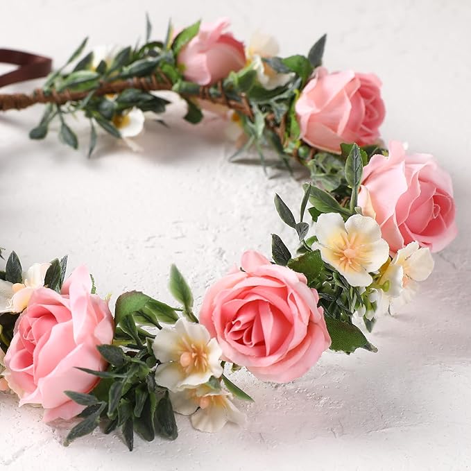 Pink Flower Crown Headband - Rose Floral Headpiece Adjustable Fairy Flower Crown for Women Girls Renaissance Birthday Wedding Party Photo Props