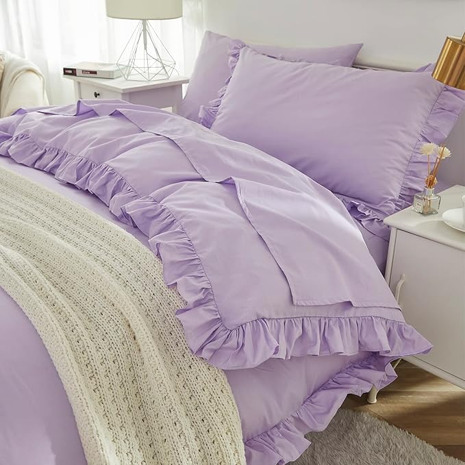 Brandream Kid's Duvet Cover Twin/Twin XL Size 100% Cotton 2pcs Girl Bedding Duvet Cover Shams Set, Delicate Ruffle Fringe Solid Color Soft and Breathable (Purple)
