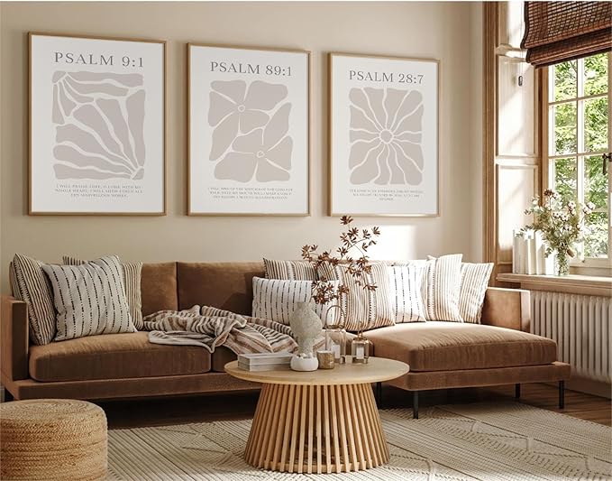 Joocrise Scripture Christian Wall Art Set of 3 Beige Bible Verses Wall Decor Neutral Psalm Canvas Wall Art Modern Pictures Flower Prints Christian Artwork for Living Room Bedroom 24x36 Inch Unframed