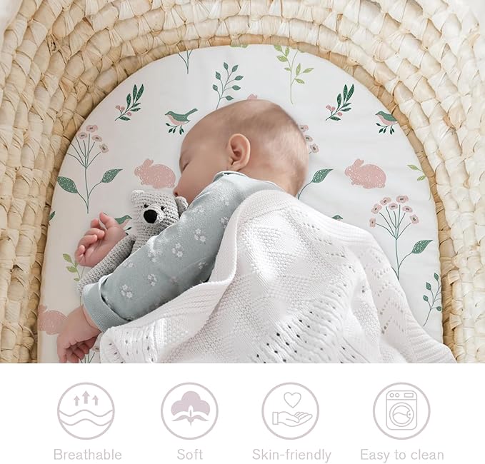 Little Grape Land Bassinet Sheets for Baby Boys Girls 3 Pack, 33" x 18" Extra Soft Breathable Fitted Bassinet Sheets, Bedside Sheets Fit for Oval Rectangle and Hourglass Bassinet Mattress (Bunny)