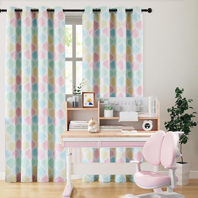 Full Blackout Curtains 95 Inches Long 2 Panels Colorful Moroccan Geo Lattice Drapes Room Darkening Thermal Insulated Grommet Window Treatments Sets for Nursery Girl Baby Bedroom, 52" W