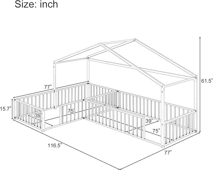 Double Twin Size L-Shaped Floor Bed,Metal Corner House Bed Frame with Fence,House-Style Floor Bed for 2 Kids,Without Slats,Black