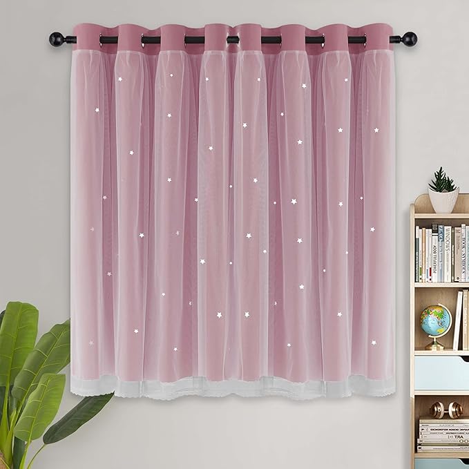 Kinryb Princess Curtains for Girls Bedroom with Sheer Overlay,Double Layer Curtain for Living Room with Star Cutout, Curtains for Kids Room (52 W*45 L Inches,2 Pcs Pink)