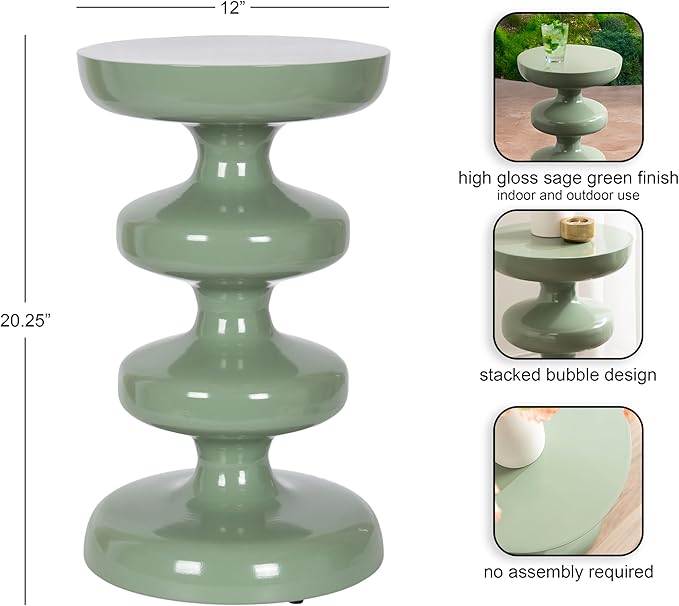 Kate and Laurel Fondi Modern Metal Round Side Table, 12 x 12 x 21, Green, Dorm Living Room Stacked Bubble End Table for Use as Bedroom Nightstand or Outdoor Patio Decor Option