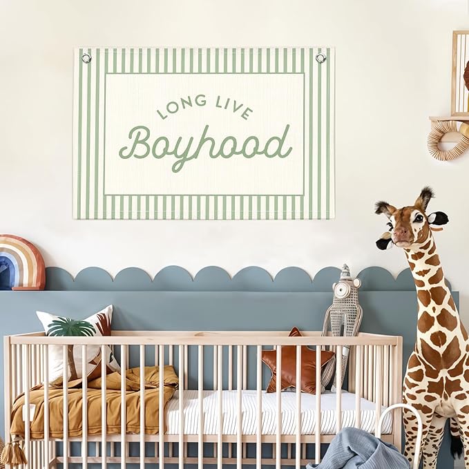 Lacama Green Long Live Boyhood Boys Room Decor, Boy Nursery Decor, Linen Banner Wall Hanging Canvas Banner Flag Decor for Toddler Boy Room Nursery 30x21 Inch