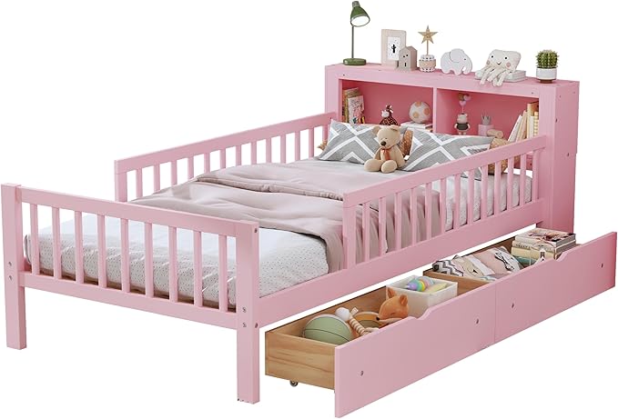 Wood Twin Size Platform Bed with Safety Fence for Kids Boys Girls, Platform Bed Frame with Practical Headboard and 2 Under-Bed Drawers, Sturdy Slats Support (Pink-3.15)