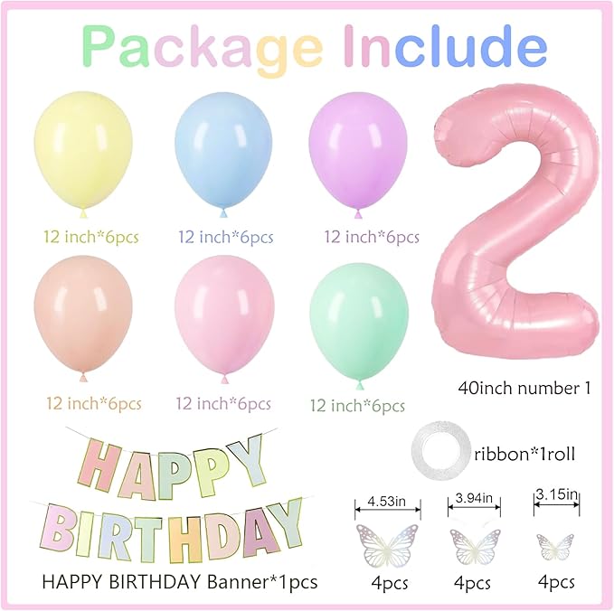 Pastel 2nd Birthday Decorations for Girl -12 inch Pastel Balloons, 40 Inch Pink 2 Balloon,3D Butterflies Stickers, Happy Birthday Banner for Baby Girl 2 Year Old BD Party Decorations