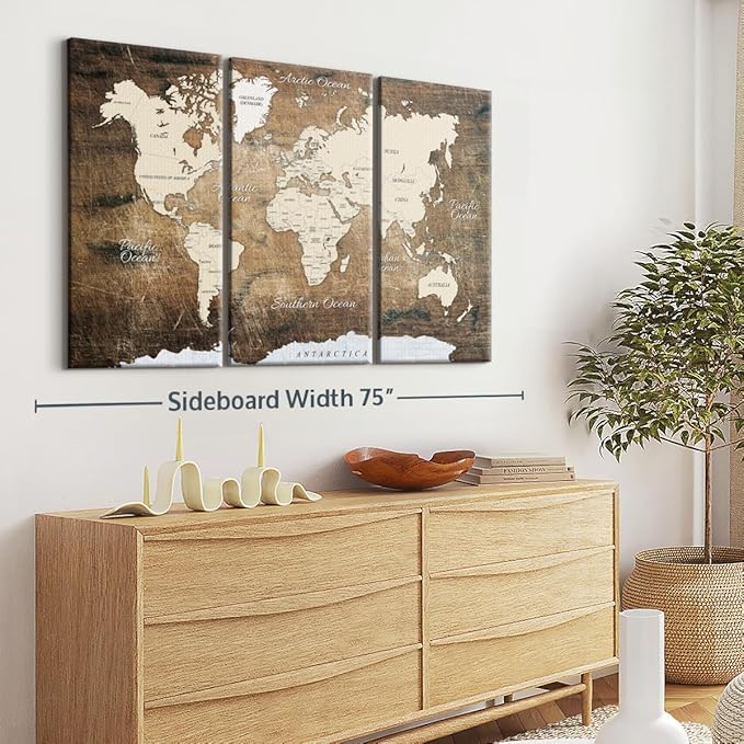 ElephantStock Aged Brown World Map I Wall Art - 3 Piece Canvas World Map Wall Decor - Ready-to-Hang Canvas Print - Vintage Wall Art - 65" X 42"