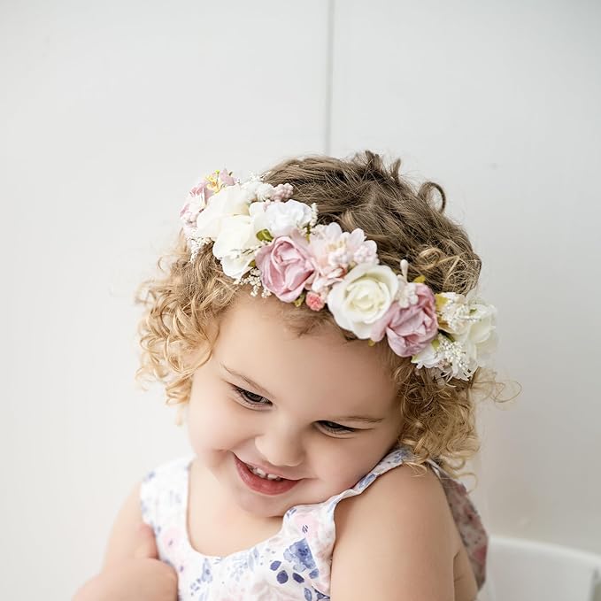 White Blush Pink Flower Crown for Girls Children Floral Headpiece Pink Kids Headband Wedding Holo Hair Accessories Birthday Photo Prop