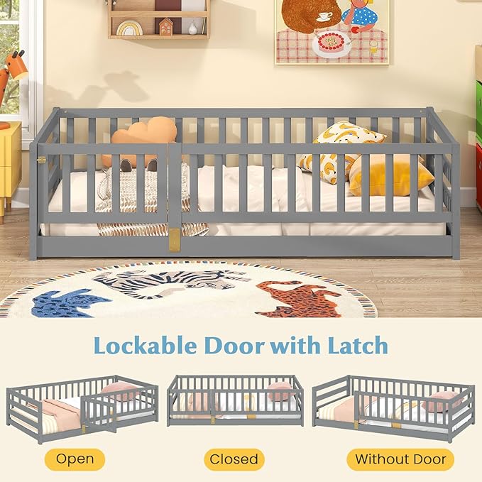 Giantex Twin Floor Bed with High Fence & Door, Montessori Floor Bed with 21.5" Safety Guardrails, Solid Wood Twin Beds Frame for Kids Girls, Boys, Without Slats, Grey