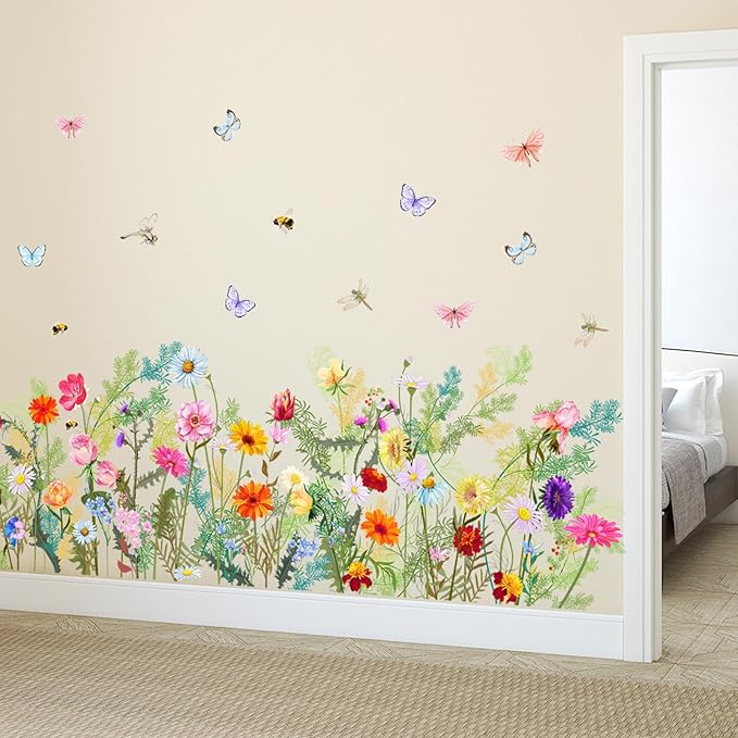 Colorful Flower Wall Decals Butterfly Wildflower Wall Stickers Floral Decor for Girls Bedroom Living Room Bedroom Wall Decor