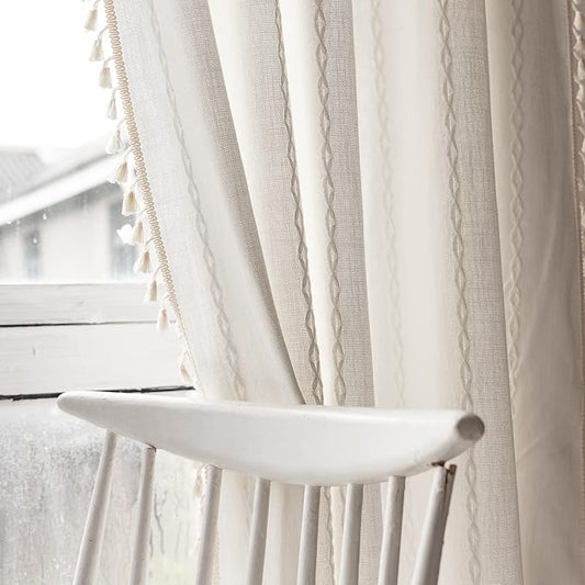 Deeprove White Boho Curtains 96 Inches Long for Nursery Bedroom Christmas Decor, Bohemian Embroidery Cream Weighted Cotton Linen French Country Window Treatments with Tassel, W52 x L96, 1 Panel
