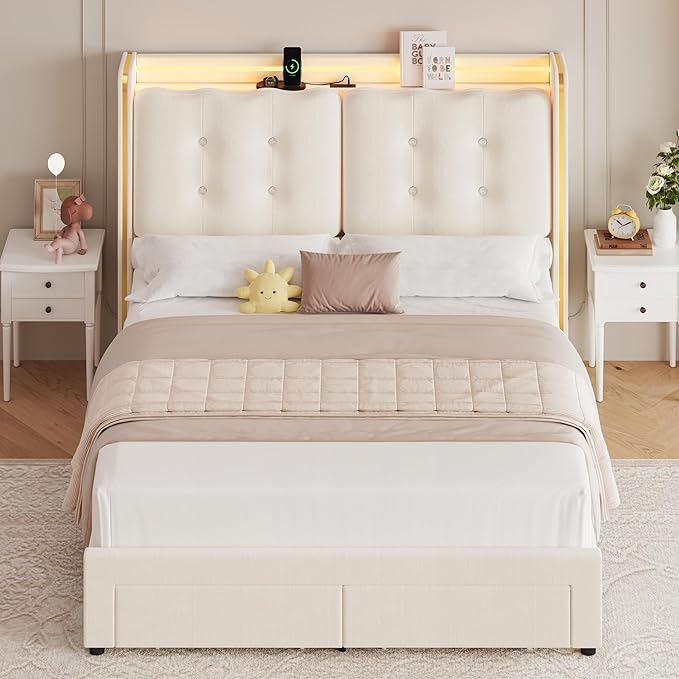HITHOS Upholstered Queen Led Bed Frame with Charging Station and Storage Drawers, Velvet Princess Platform Bed Frames with Crystal-Button Tufted Headboard for Girls and Kids, No Box Spring Need, Beige