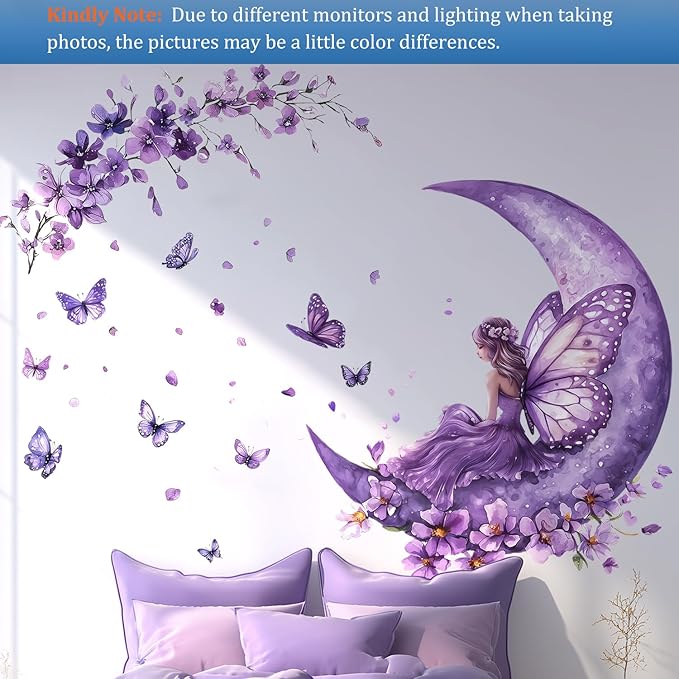 Purple Fairy Wall Decals Peel and Stick, Butterflies Moon Flowers Wall Stickers, Removable Vinyl Home Decor Art for Girls Bedroom Baby Nursery Daycare