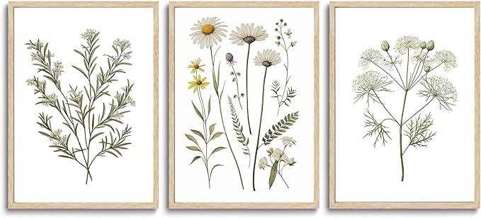 CHMMART 3 Piece Botanical Wildflower Framed Wall Art Floral Canvas Art Prints Green Plant Paintings Wall Decor Flower Pictures Artwork for Living Room Bedroom Bathroom 12x16in