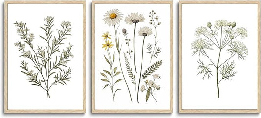 CHMMART 3 Piece Botanical Wildflower Framed Wall Art Floral Canvas Art Prints Green Plant Paintings Wall Decor Flower Pictures Artwork for Living Room Bedroom Bathroom 12x16in