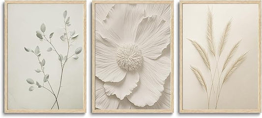 CHMMART 3 Piece Neutral Botanical Framed Wall Art Beige Floral Canvas Art Prints Minimalist Flower Pictures Wall Decor Boho Painting Artwork for Living Room Bedroom Bathroom 12x16in