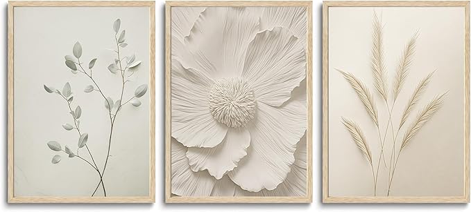 CHMMART 3 Piece Neutral Botanical Framed Wall Art Beige Floral Canvas Art Prints Minimalist Flower Pictures Wall Decor Boho Painting Artwork for Living Room Bedroom Bathroom 16x20in