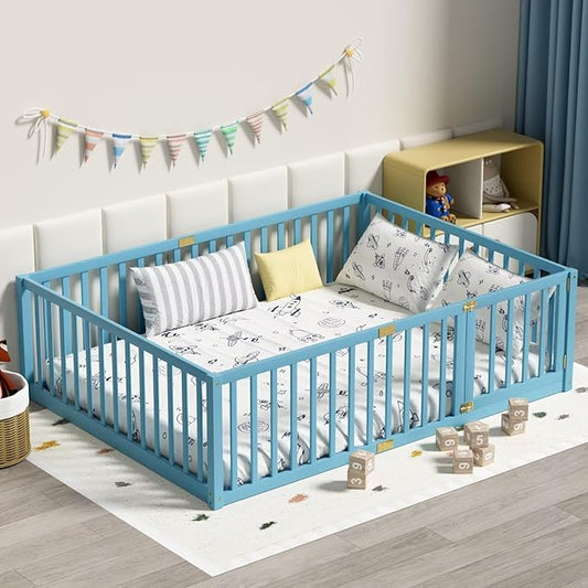 LLS Full Size Floor Bed with 21.6" High Fence for Kids Boys Girls, Solid Wood Multifunctional Montessori Bed Frame with Door, Without Slats, Sky