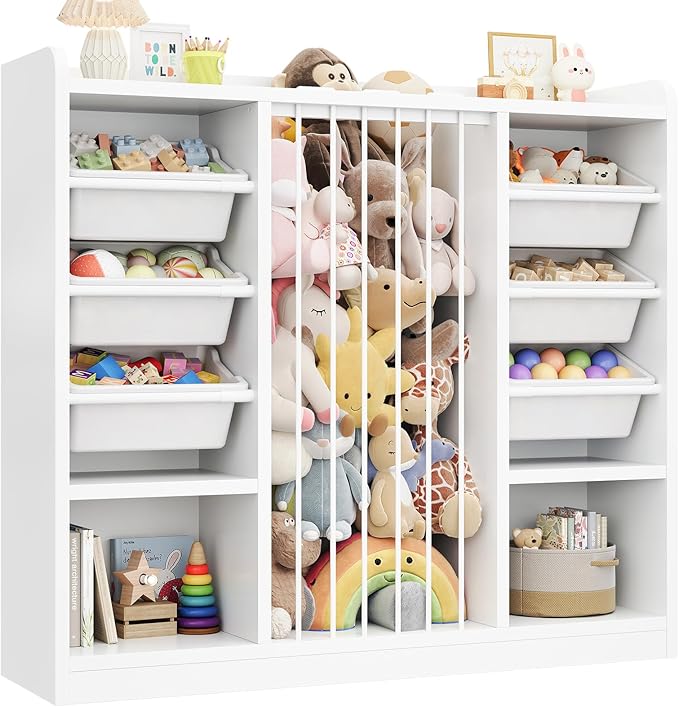 ONBRILL Toy Storage Organizer with 6 Removable Plastic Bins, Toddler Stuffed Animal Storage, Toy Box Cabinet with 2 Open Cubbies, Book Shelf for Kids Room Playroom Bedroom Nursery (White)