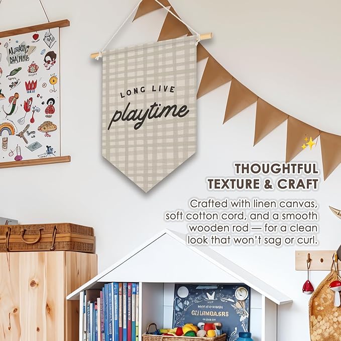 Wheatwin Playroom Decor, Long Live Playtime Neutral Checkered Wall Hanging Pennant Flag Banner, Play Room Wall Decor for Kids Nursery Toddler Room Bedroom Playroom 15x11 Inch