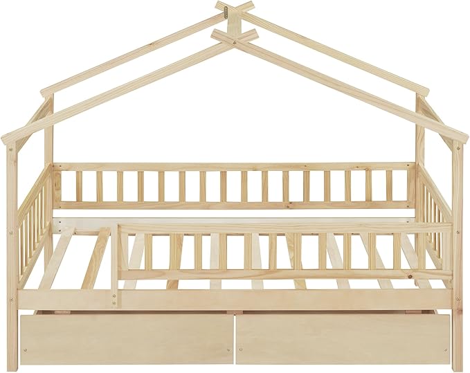 Merax Twin Size Wooden House Bed with Two Drawers, Wood Bed Frame with Roof and Safety Guardrail for Kids, Teens, Boys or Girls, Natural