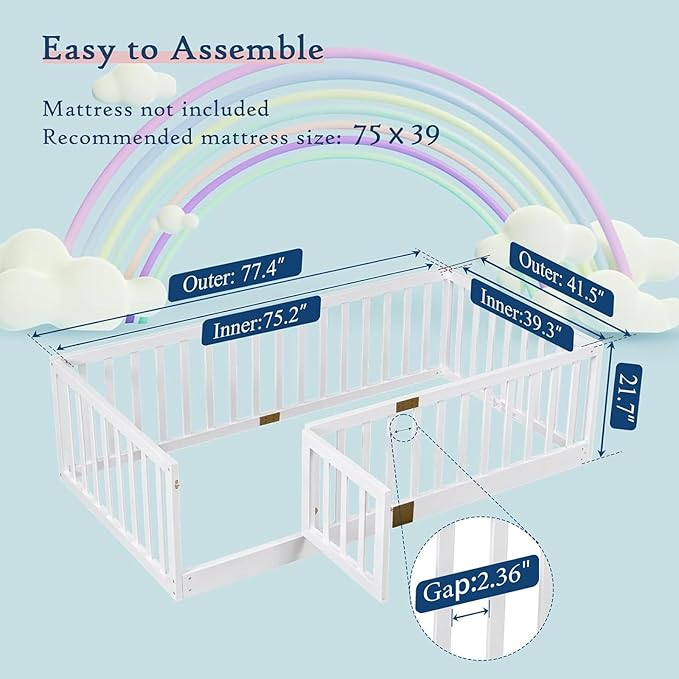 Tatub Twin Montessori Floor Bed with High Rails, Solid Wood Montessori Bed Frame for Kids, Door Can Install Left and Right, Twin-White