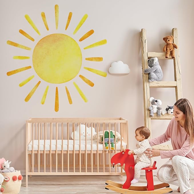 41.7” X 39.8” Watercolor Boho Sun Wall Decals Peel and Stick, PVC Sunrise Wall Stickers, Yellow Sunshine Wall Art Decor for Kids Room Playroom Nursery Bedroom