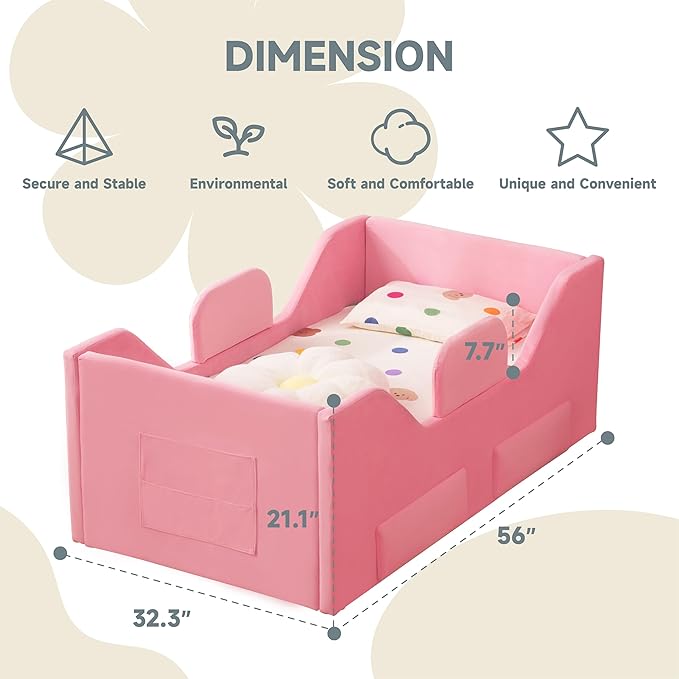 Toddler Bed Frame with 2 Drawer and Storage Bag, Kids Bed with Removable Safety Rails, Standard Crib Size Portable Beds, Safety Upholstered Child Beds for 1-6 Years Old