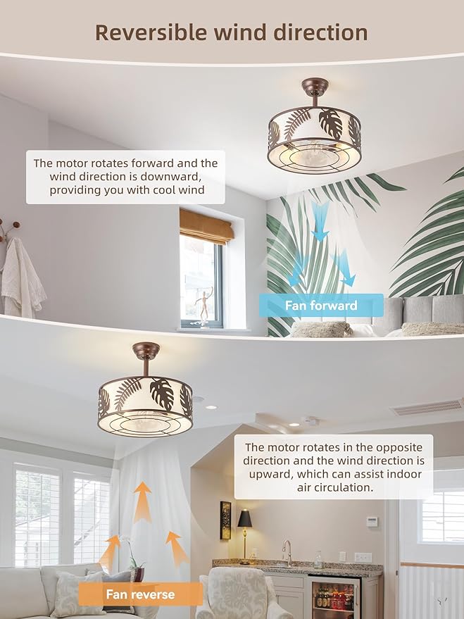 20" Farmhouse Rustic Caged Ceiling Fan with Light, Brown Fandelier Ceiling Fan with Light, Brown Bladeless Caged Fandelier for Bedroom, Nursery, Living Room