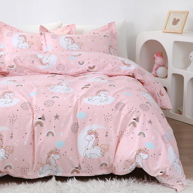 JSD Pink Unicorn Kids Duvet Cover Set Queen Size, 3 Piece Girls Printed Microfiber Bedding Comforter Cover with Pillow Shams Zipper Closure, Comforter Not Included