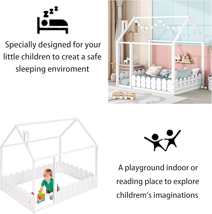 Bellemave Full Size Kids Floor Bed Frame with Fences, Wooden Full House Bed with Roof Can be Decorated for Kids Girls Boys (White)