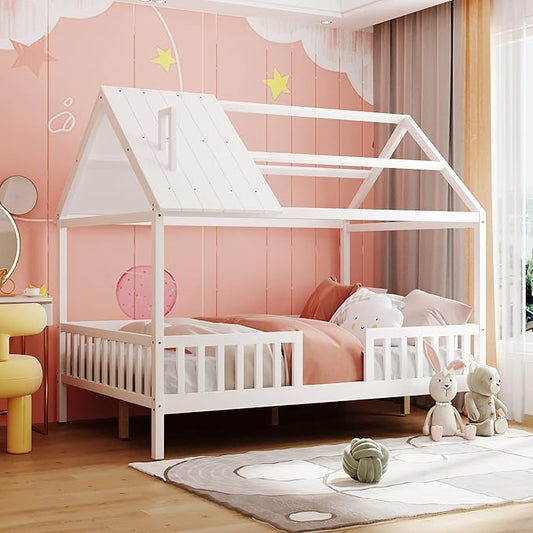 Bellemave Full House BedFrame with Roof, Montessori Floor Bed, House Bed with Rails for Kids, White