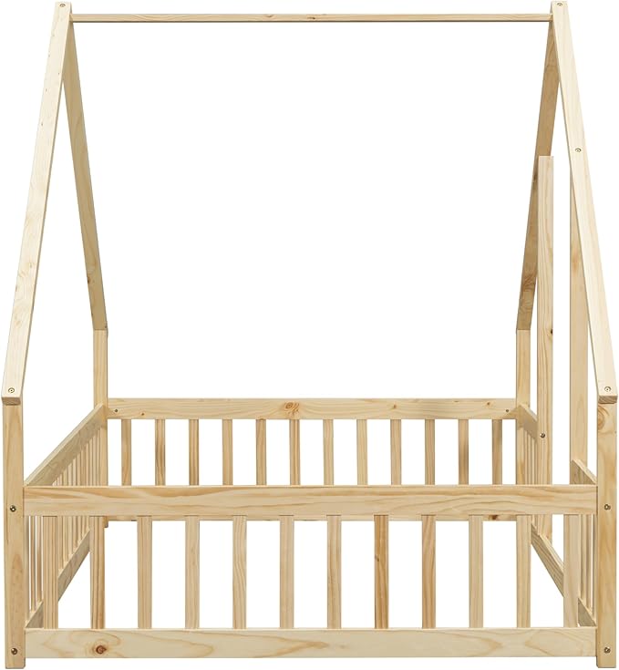Bellemave Full Floor Bed for Kids, Girls, Boys, Wood House Bed Frame, House Floor Bed for Kids, Full Size Montessori Floor Bed with Fence, Playhouse, Natural