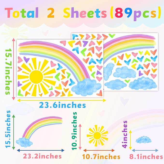 Colorful Rainbow Wall Stickers Watercolor Sun Clouds Wall Decals Cute Hearts Stickers for Girls Removable Peel and Stick Large Rainbow Decals for Girls Kids Room Nursery Classroom Decor