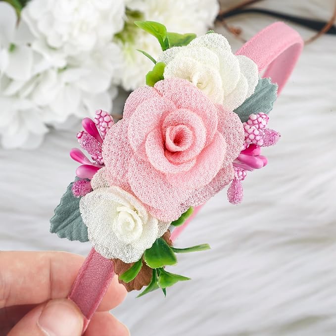 Flower Headbands for Girls Kids Toddlers Rose Floral Headpiece Non Slip Elegant Wedding Flower Crown Hairband Spring Summer Fashion Cloth Headdress Accessories for Birthday Party (Pink)