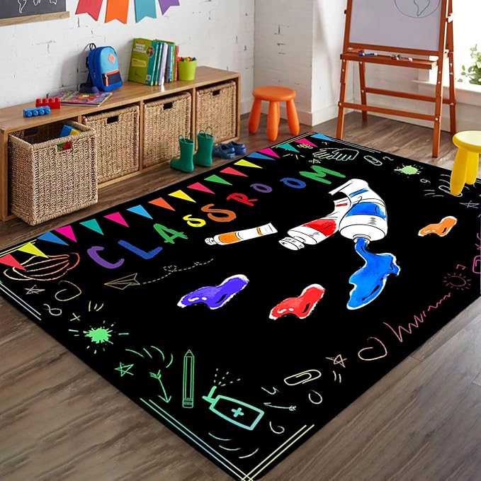 Classroom Blackboard Chalk Indoor Rugs, 5x8ft, Color Flag Painting Paint Bedroom Rug, Washable Classroom Carpet for Kids Room, Thin Print Fade Resistant Decor Mat for School Floor