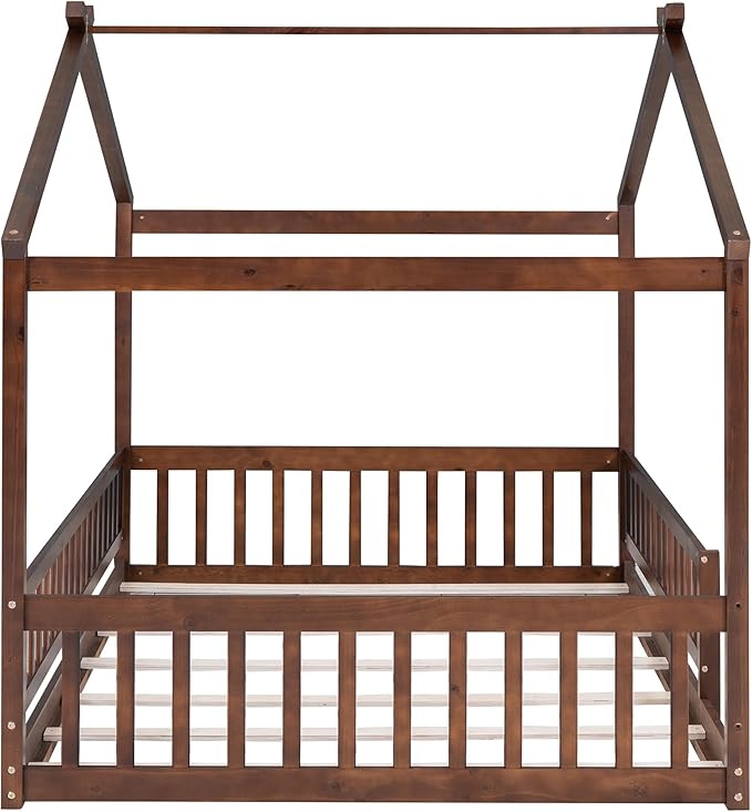 Merax Full Size Wooden House Bed with Fence, Wood Bed Frame with Roof and Safety Guardrail for Kids, Teens, Boys or Girls, Walnut