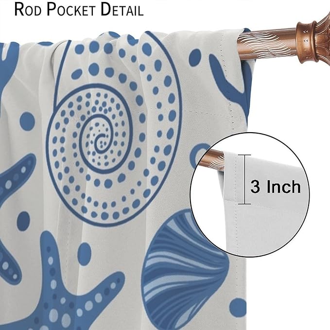 Coastal Nautical Curtains,Coral Starfish Seashell Beach Sea Starfish Seashell Theme Pattern Blackout Print Bedroom Living Room Window Treatmen 5 Panel Set 63x72 Inch