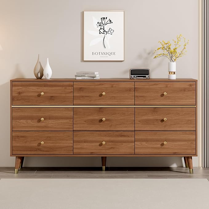 9 Drawer Dresser,63" Wide Mid Century Modern Chest of Drawers,Wooden Bedroom Drawer Dresser with 9 Storage Drawers for Bedroom, Living Room,with Anti-Tipping Device,Tan