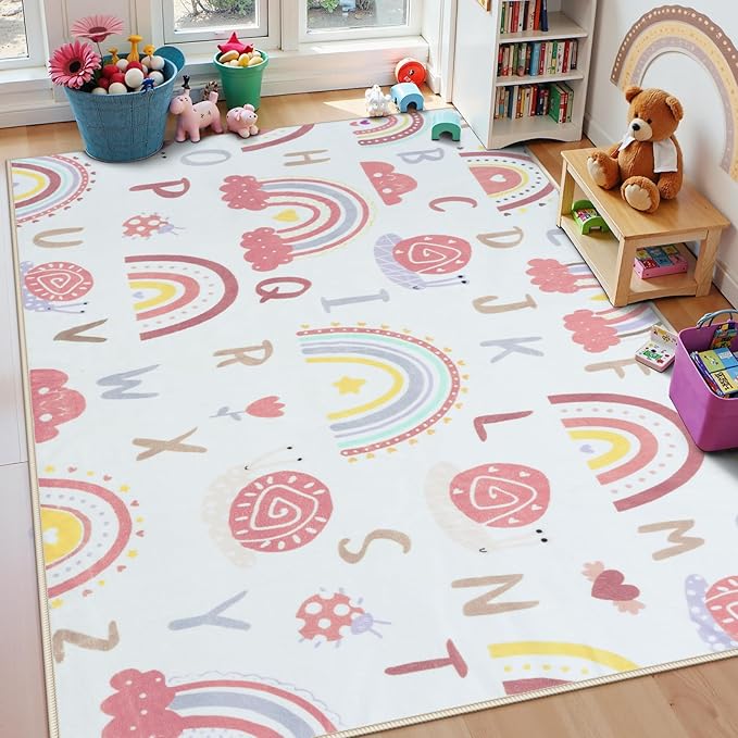 LIVEBOX Rainbow Kids Rug-5x7 Playroom Nursery ABC Educational Carpet,Washable Non Slip Soft Low Pile Area Rug for Bedroom,Preschool Classroom(Pink)
