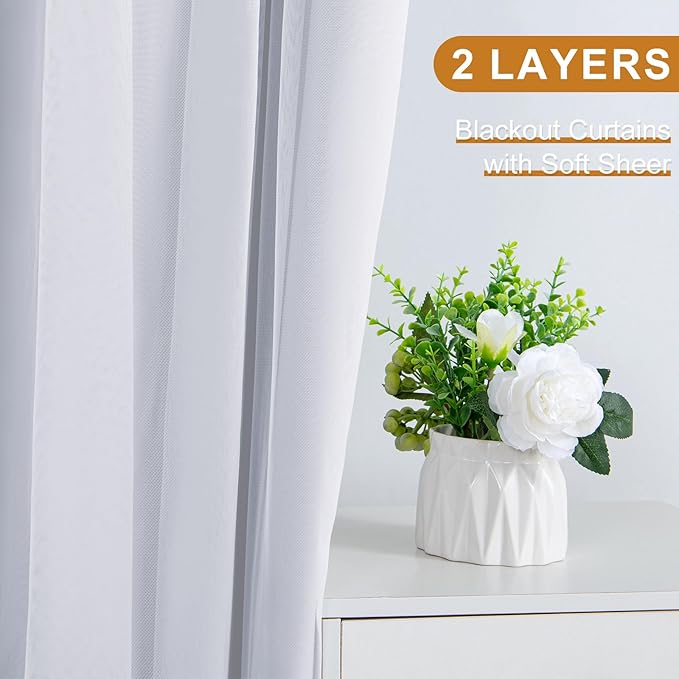 DWCN White Blackout Curtains with Sheer Overlay Thermal Insulated Mix & Match Double Layer Window Panels for Bedroom Living Room Drape Sewn with Tiebacks Grommet Top 52" Wx84 Lx2