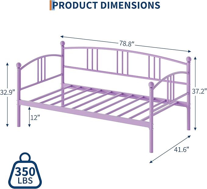 GarveeHome Twin Daybed, Sturdy Metal Day Bed with Steel Slat Support, Arched Headboard Sofa Bed for Living Room, Bedroom and Guest Room, Purple