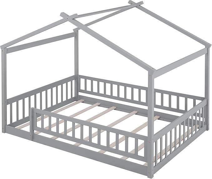 Merax Full Size Wooden House Bed with Fence, Wood Bed Frame with Roof and Safety Guardrail for Kids, Teens, Boys or Girls, Gray