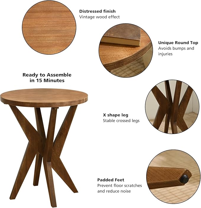 Farmhouse Round End Table Set of 2 with MDF Top and Crossed Legs, Mid Century Modern Side Table Small Accent Table for Small Space Stable Nightstand for Living Room, Natural Wood