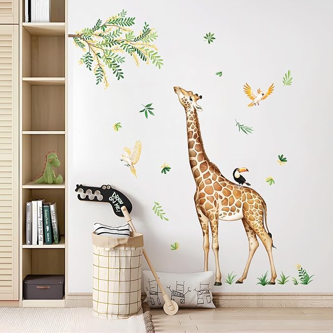 Tanlaby Large Giraffe Wall Decals Jungle Animal Wall Stickers Leopard Deer Safari Peel and Stick Art Decor for Baby Nursery Kids Bedroom Playroom Daycare Kindergarten